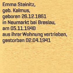 Emma Steinitz, Geburtsdatum:: 26.12.1861, Geburtsort:: Neumarkt, Reg.Bez. Breslau, Todesdatum:: 02.04.1941, Todesort:: München