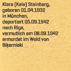 Klara Kela Steinberg, Birthdate:: 01.04.1932, Birthplace:: München, Date of death:: 08.09.1942, Place of death:: Riga
