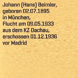Johann (Hans) Beimler, geboren 02.07.1895 in München, Flucht am 09.05.1933 aus dem KZ Dachau, erschossen 01.12.1936 vor Madrid