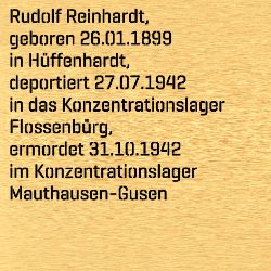 Rudolf Reinhardt, Birthdate:: 26.01.1899, Birthplace:: Hüffenhardt, Date of death:: 31.10.1942, Place of death:: KZ Mauthausen-Gusen