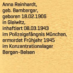 Anna Reinhardt, Birthdate:: 18.02.1906, Birthplace:: Gleiwitz, Kr. Kattowitz, Oberschlesien, Date of death:: 14.03.1945, Place of death:: KZ Bergen-Belsen