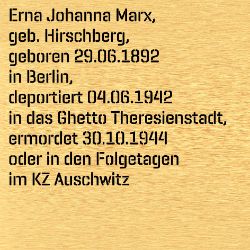 Erna Johanna Marx, Birthdate:: 29.06.1892, Birthplace:: Berlin, Place of death:: Auschwitz
