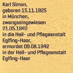 Karl Simon, Birthdate:: 15.11.1925, Date of death:: 09.08.1942, Place of death:: Heil- und Pflegeanstalt Eglfing-Haar