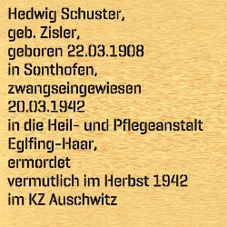Hedwig Schuster, Birthdate:: 22.03.1908, Birthplace:: Sonthofen, Date of death:: 11.10.1942, Place of death:: KZ Auschwitz