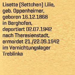 Lisette (Settchen) Lilie, Birthdate:: 16.12.1868, Birthplace:: Berghofen, Kr. Biedenkopf, Date of death:: 31.12.1942, Place of death:: Treblinka