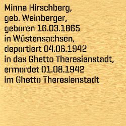 Minna Hirschberg, Birthdate:: 16.03.1865, Birthplace:: Wüstensachsen, Kr. Fulda, Date of death:: 01.08.1942, Place of death:: Theresienstadt