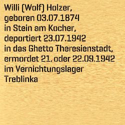 Willi Wolf Holzer, Birthdate:: 03.07.1874, Birthplace:: Stein am Kocher, Kr. Moosbach, Date of death:: 30.09.1942, Place of death:: Treblinka