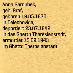 Anna  Paroubek, Geburtsdatum:: 19.05.1870, Geburtsort:: Celechovice, Mähren (heute: Tschechien), Todesdatum:: 15.09.1943, Todesort:: Theresienstadt