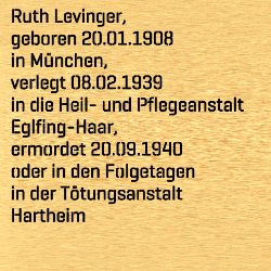 Ruth Levinger, Geburtsdatum:: 20.01.1908, Geburtsort:: München, Todesdatum:: 20.09.1940, Todesort:: Tötungsanstalt Hartheim
