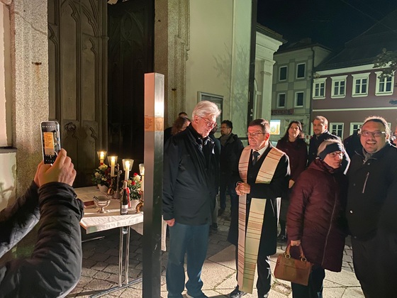Memorial Sign for Johann Baptist Huber in front of Stadtparrkirche St. Maria