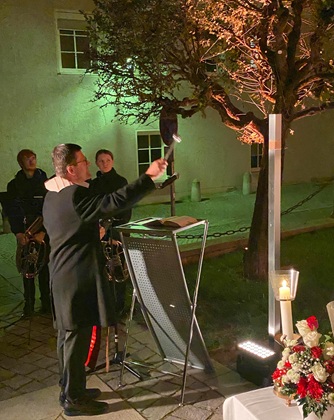 Pastor August Lindmeier blesses the Memorial Sign